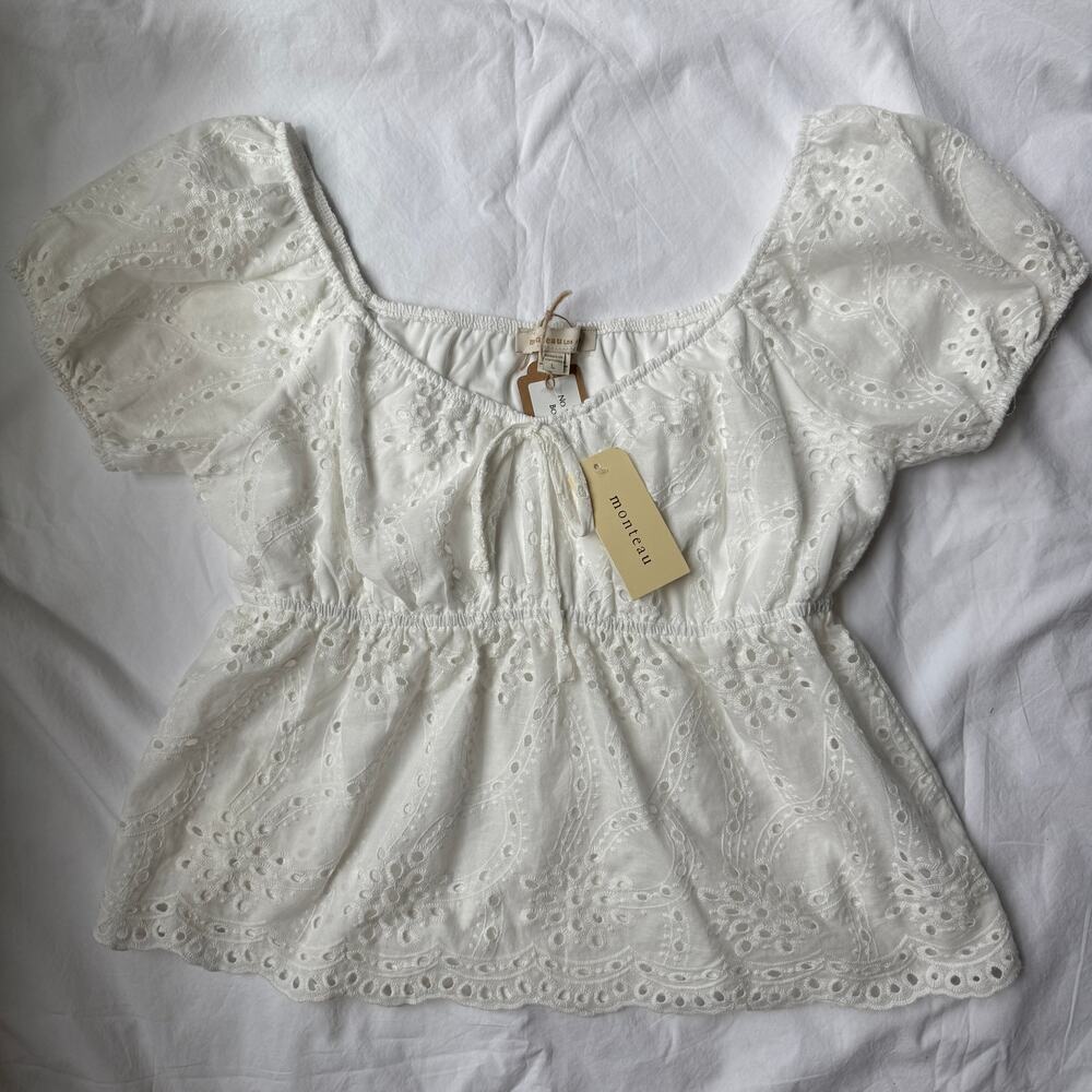 NWT Monteau White Eyelet Babydoll Top Cotton Puff Sleeve Peplum Size L